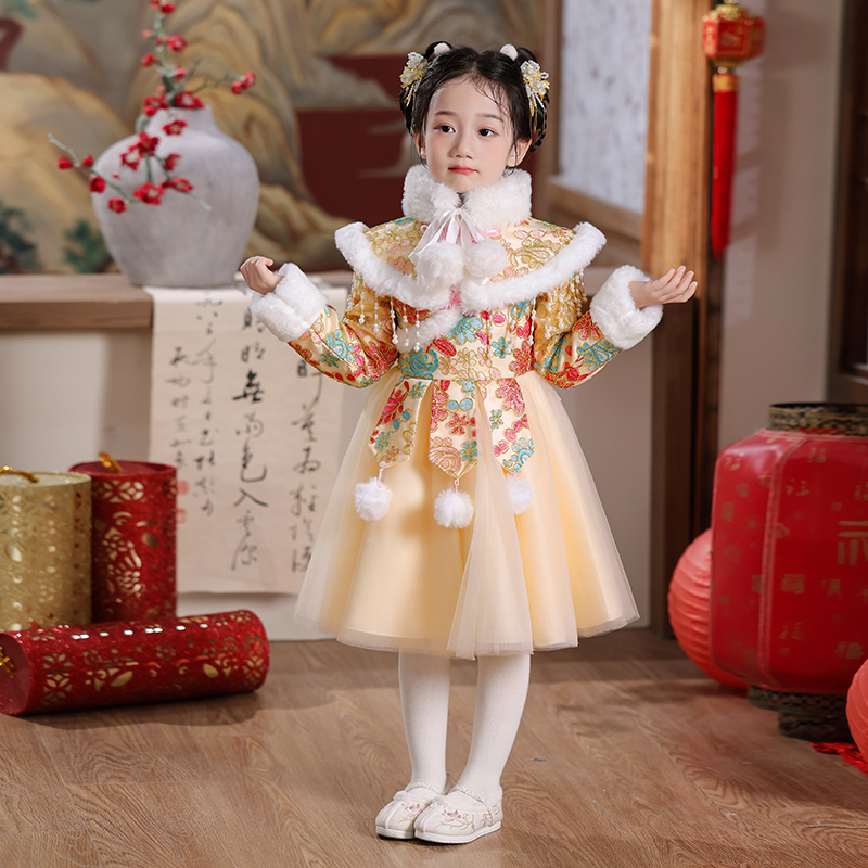 女童拜年服冬季加绒保暖复古中国风刺绣唐装女宝宝过年喜庆连衣裙