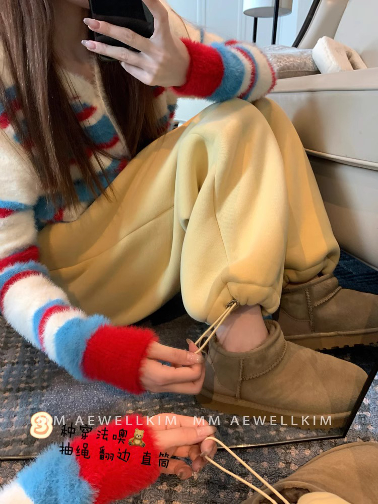 孕妇裤子秋冬季羊羔绒休闲阔腿裤加绒加厚慵懒直筒卫裤两穿束脚裤