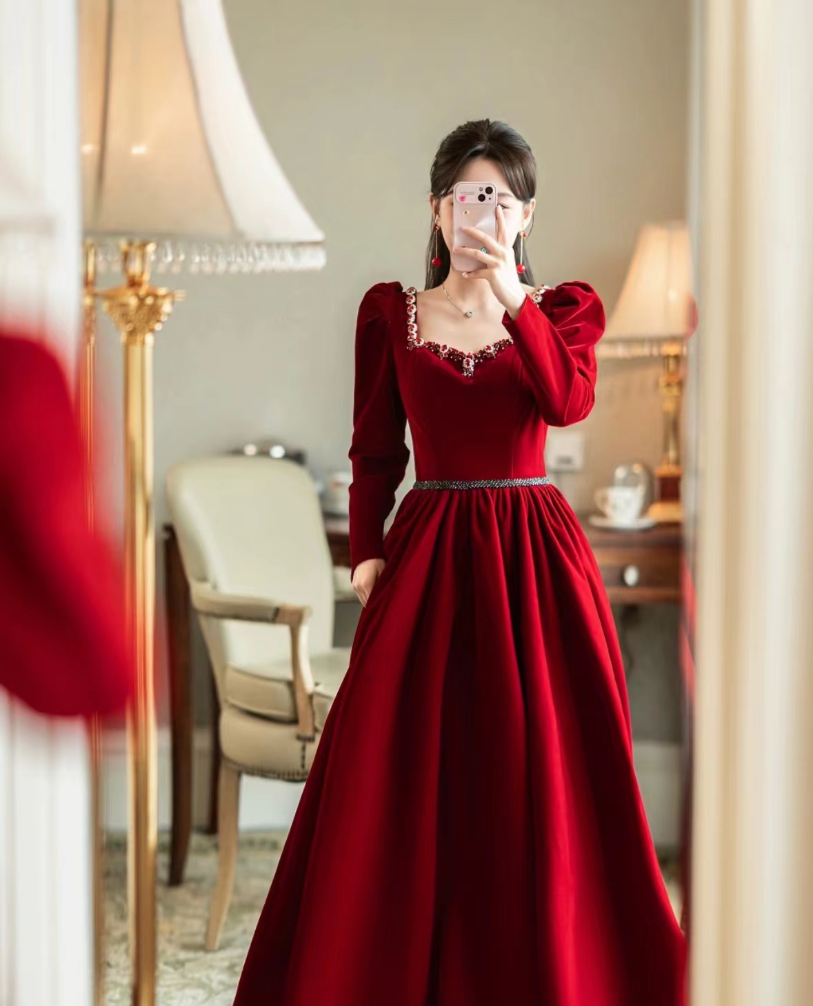 敬酒服红色礼服长袖结婚礼服订婚晚礼服秋冬