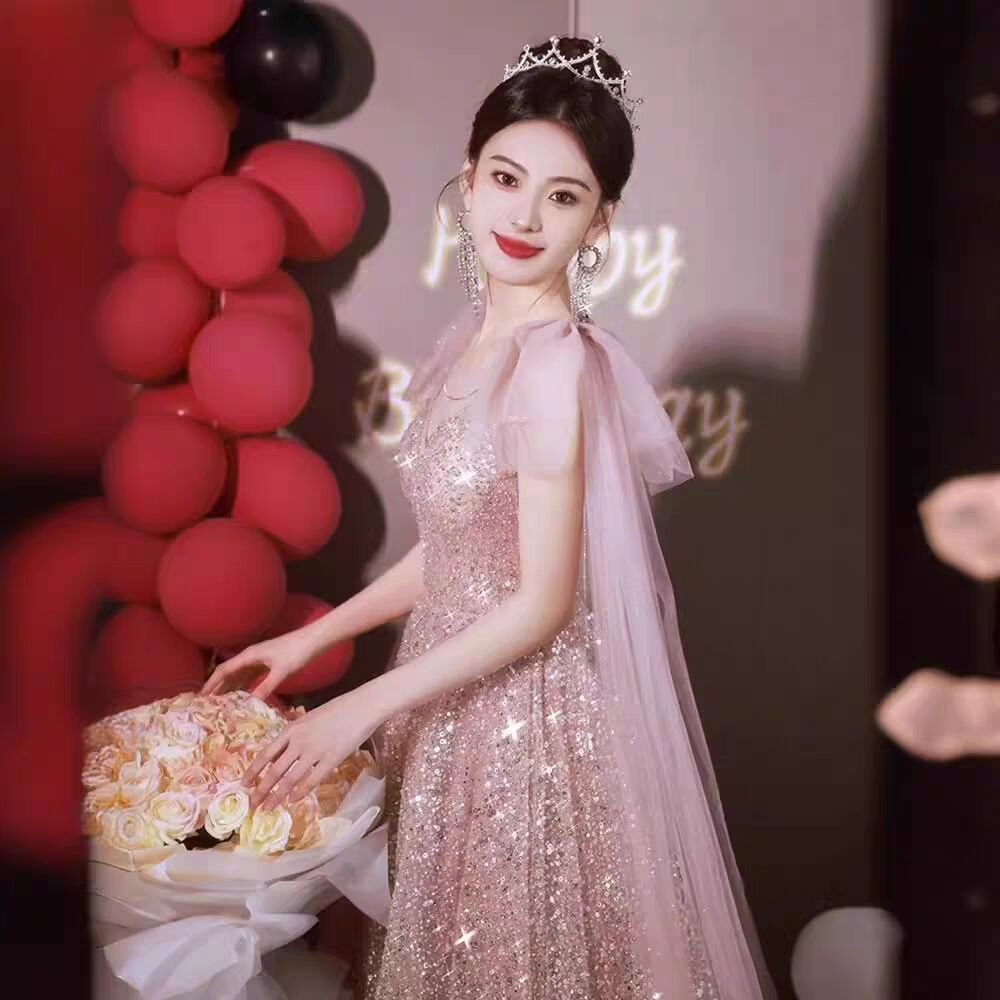 粉色晚礼服高端轻奢小众敬酒服宴会生日毕业成人超仙订婚裙高