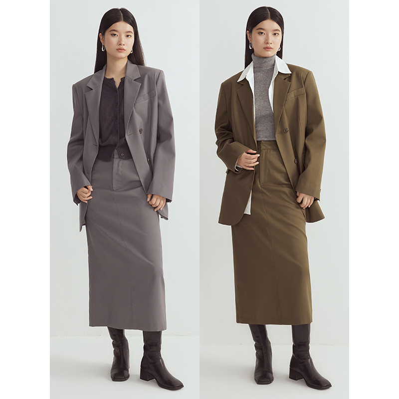 piece by piece 秋季羊毛混纺宽松挺括宽肩西服H型西装半裙套装女