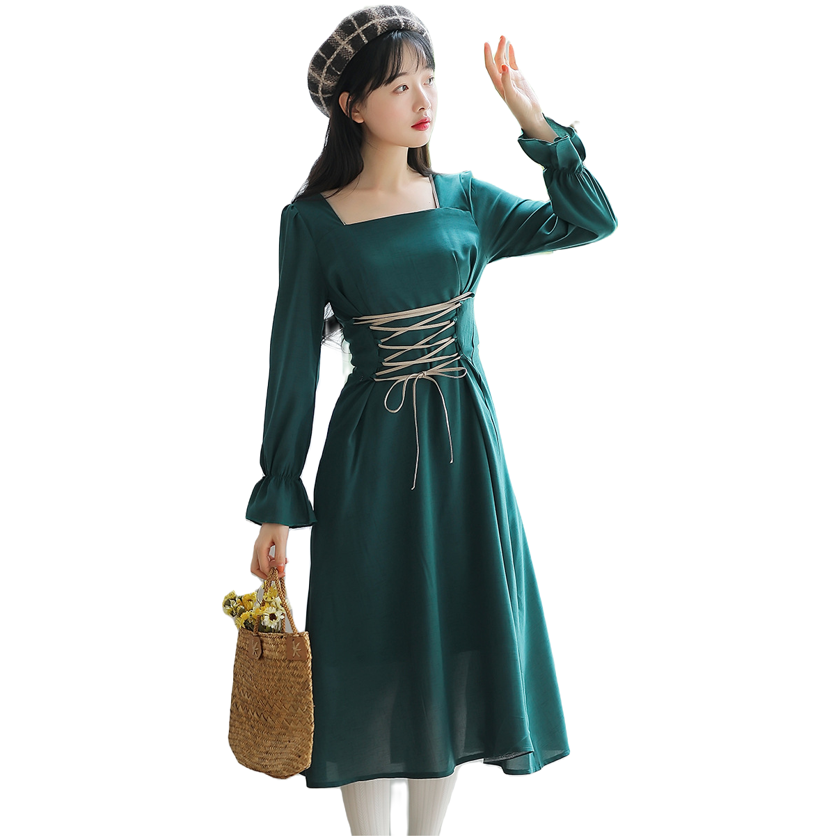 非图片款直播间专用链接秋冬修身显瘦绿色气质长袖轻奢连衣裙裙子