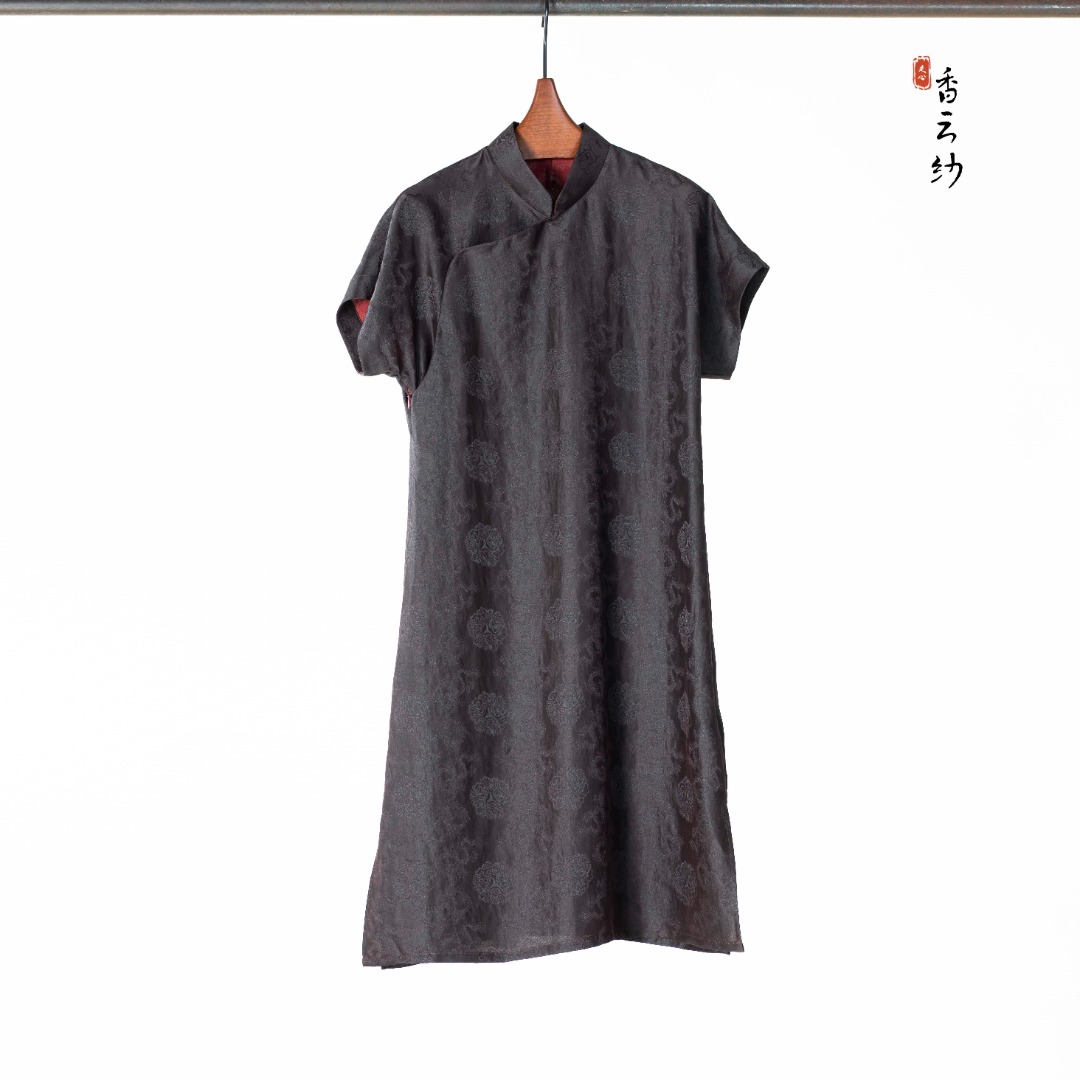 【走心非遗】香云纱香云纱 旗袍裙22ZWF9207绿色夏季提花桑蚕丝中式