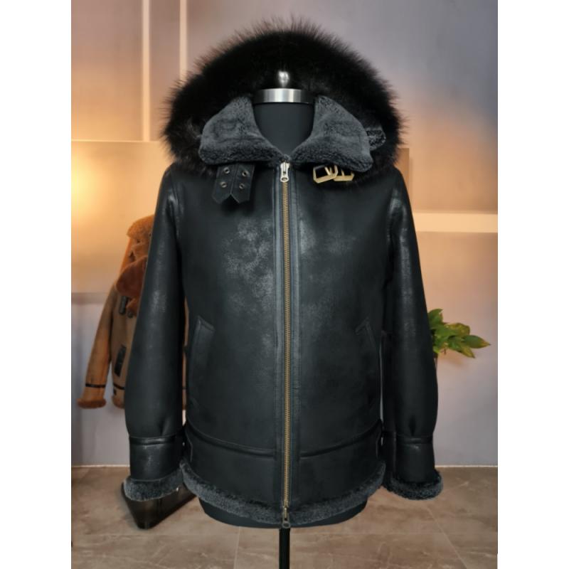 男装23011黑双色美产皮毛一体男装时尚休闲翻领真皮保暖轻奢男款