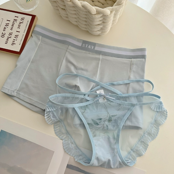 蓝色纯欲镂空情侣内裤一男一女舒适透气居家服送男女朋友见面礼物