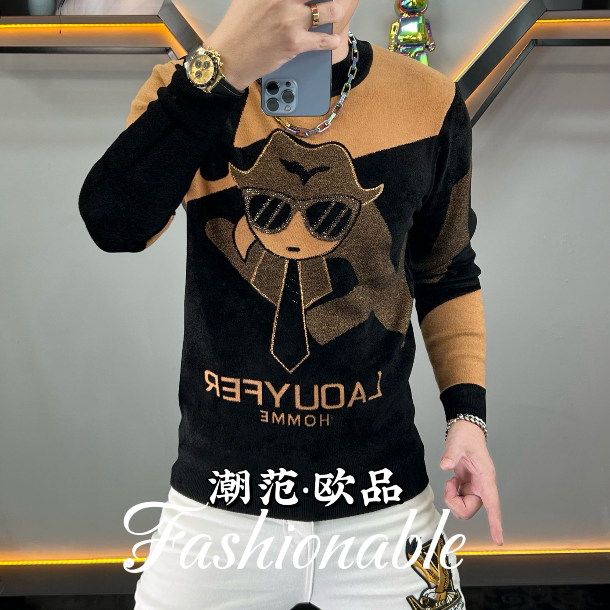 欧货秋冬轻奢男士针织毛衣修身轻奢重工烫钻提花圆领潮流打底衫