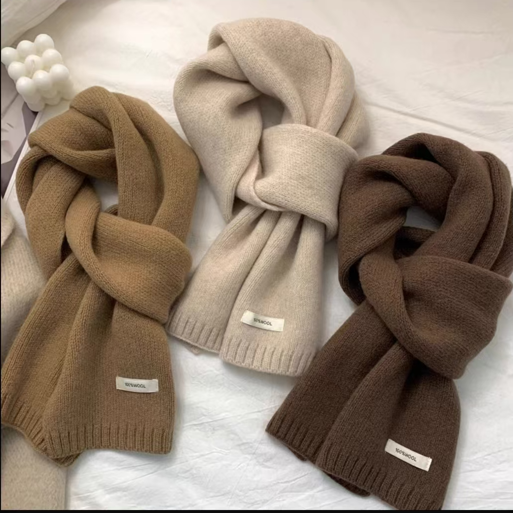 100%纯羊毛围巾~精选澳洲羊毛驼色米色保暖针织围巾百搭男女围脖