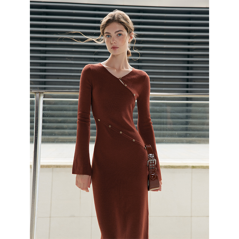 Mix Selection｜法式轻奢红色收腰连衣裙新款显瘦针织裙MSCIQ0932