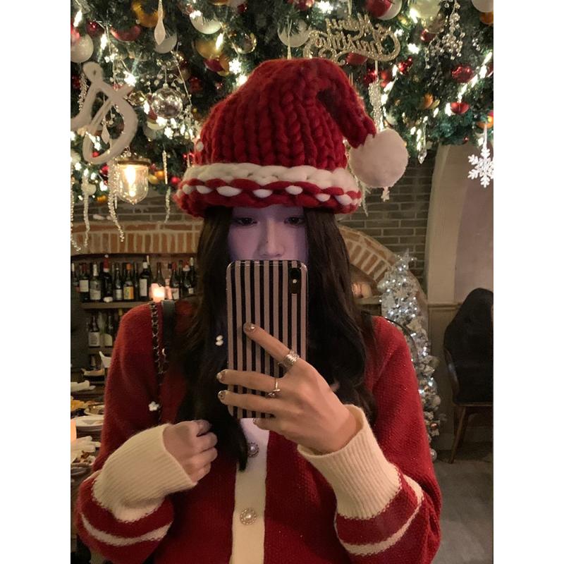 小红帽~可爱圣诞老人帽子女冬季粗线针织帽红色加厚毛线帽保暖潮