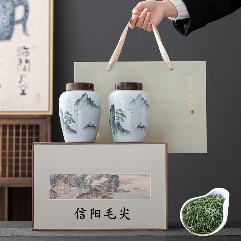 正宗信阳毛尖2025新茶特级嫩芽浓香型绿茶茶叶礼盒装陶瓷年货送礼