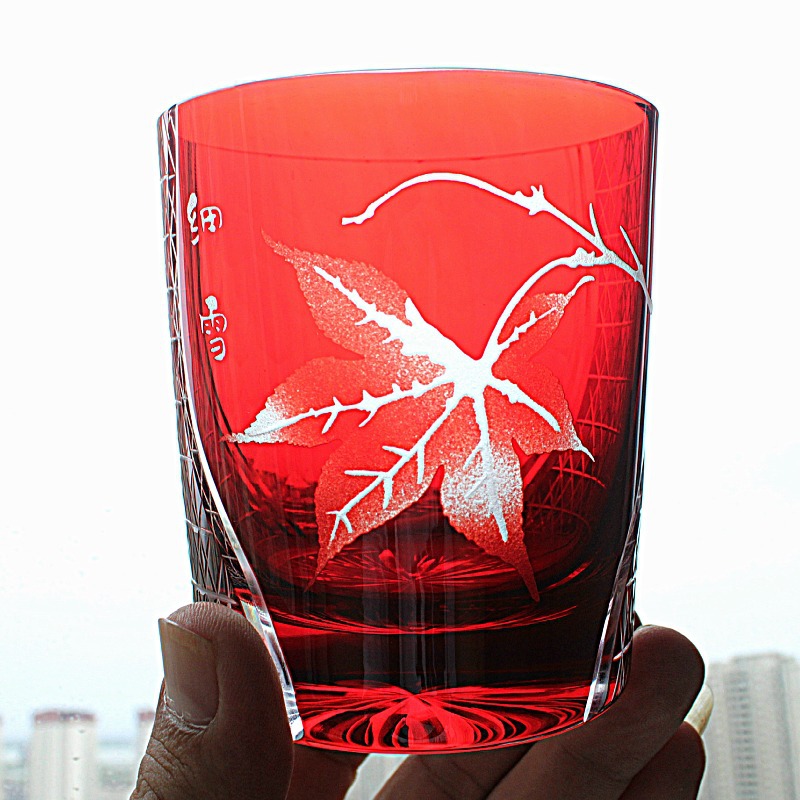 [红枫叶]日式江户切子洋酒杯威士忌杯水晶玻璃杯手工雕刻装饰礼品