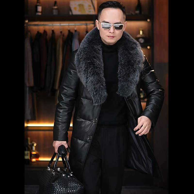 真皮羽绒皮衣中长款海宁皮衣修身翻领可拆卸毛领潮流秋冬外套男