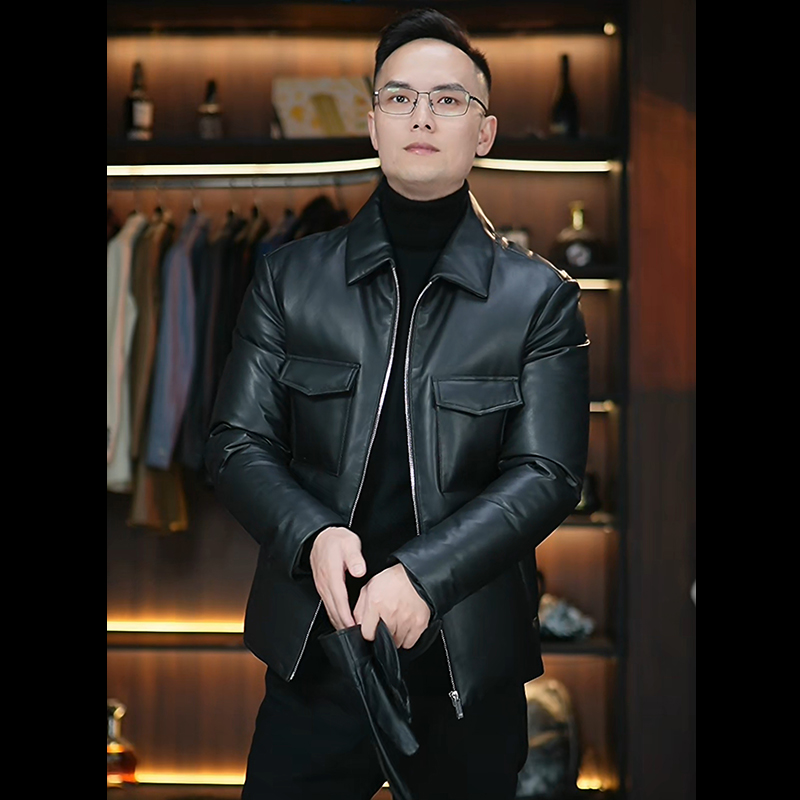 海宁真皮羽绒服皮衣冬款翻领短款时尚休闲百搭潮流绵羊皮男装