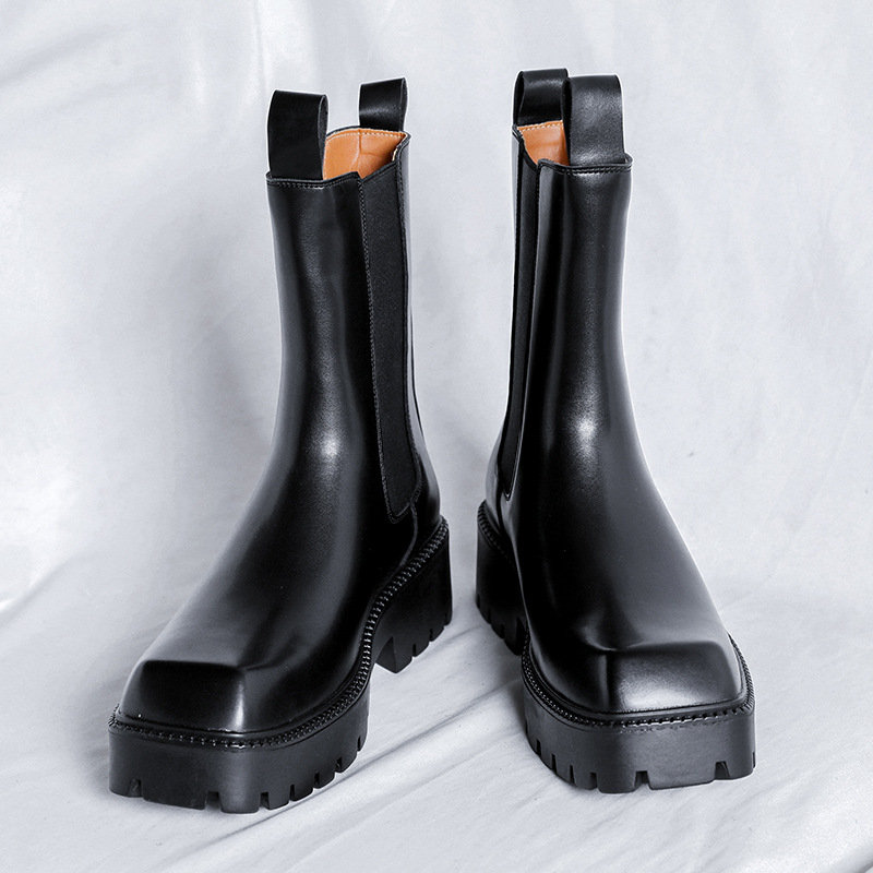 2025年冬季新款青年圆头高帮高筒方头英伦厚底中跟马丁靴切尔西款