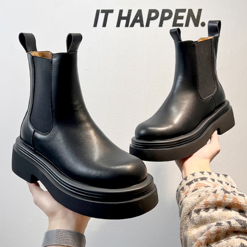 英伦风切尔西靴男潮流高级感烟筒马丁靴复古中帮厚底皮靴厚底增高