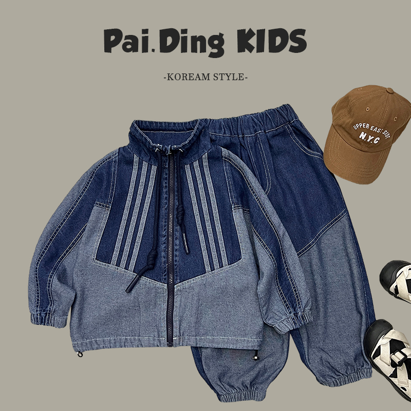 【派町现货】秋季儿童韩版宽松洋气拼接条纹时尚休闲牛仔套装SJ4251