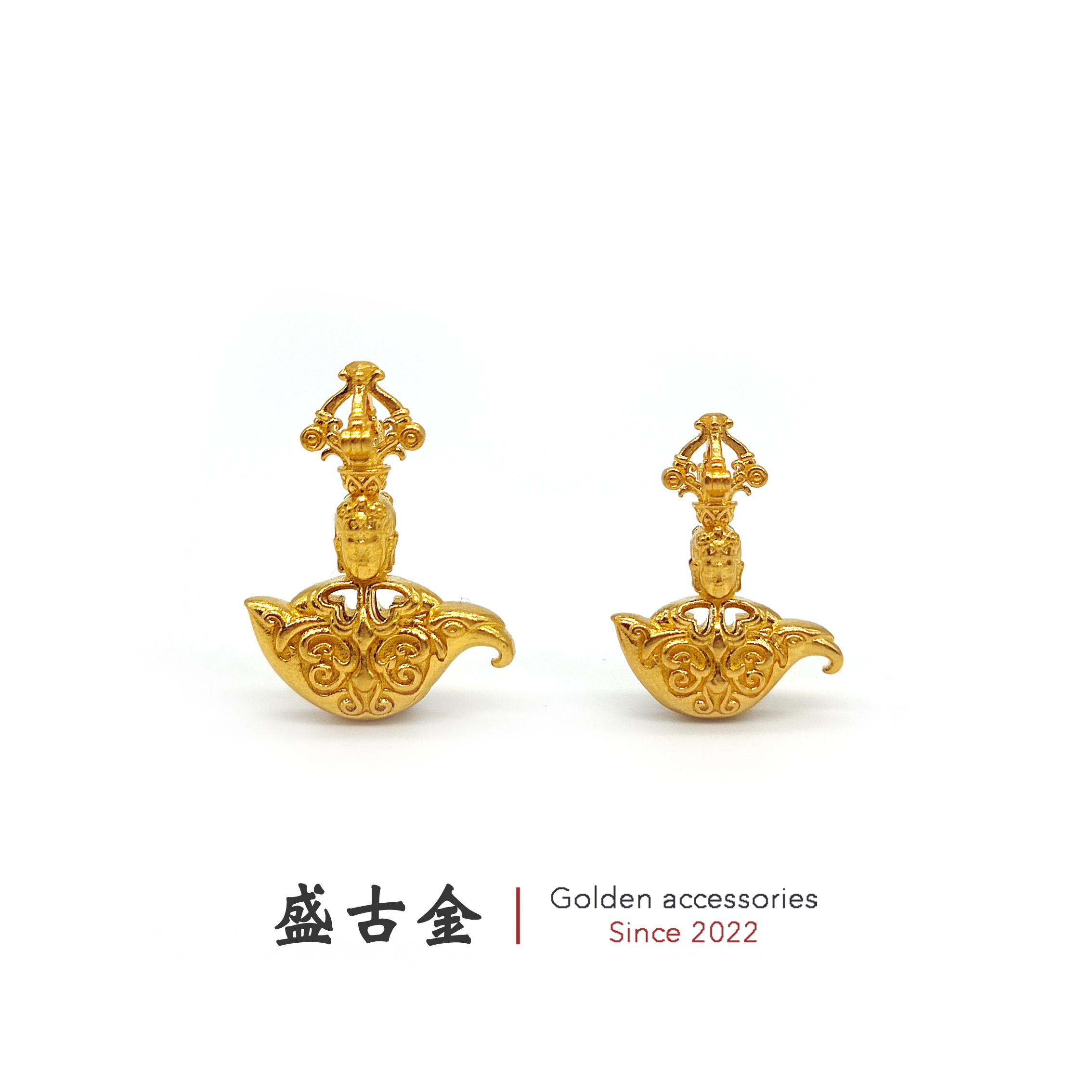 盛古金 24K纯黄金999足金佛面金刚钺刀背云侧挂文玩手串菩提配饰