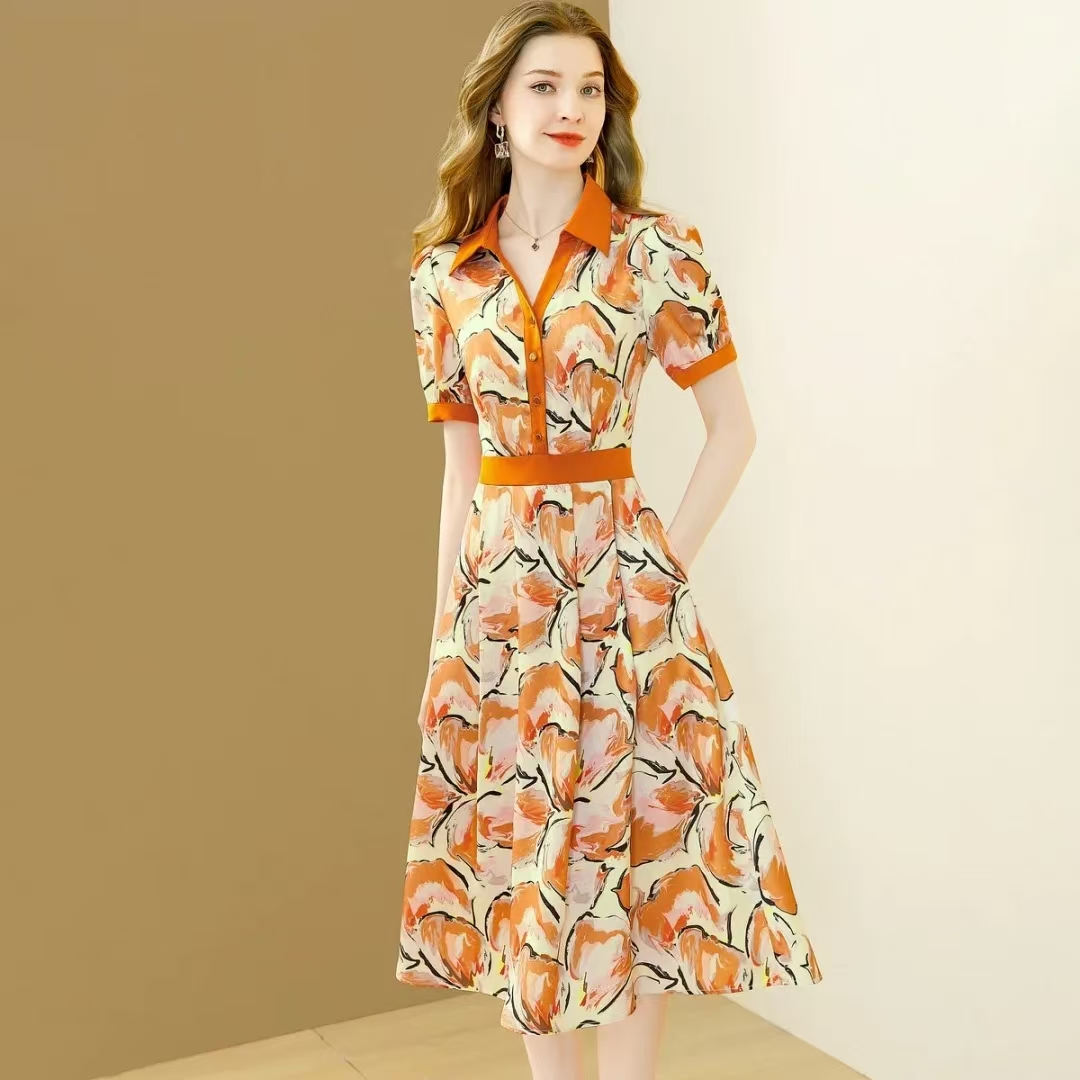 【直播间 200--249】气质洋气时尚休闲夏季收腰修身印花连衣裙法式