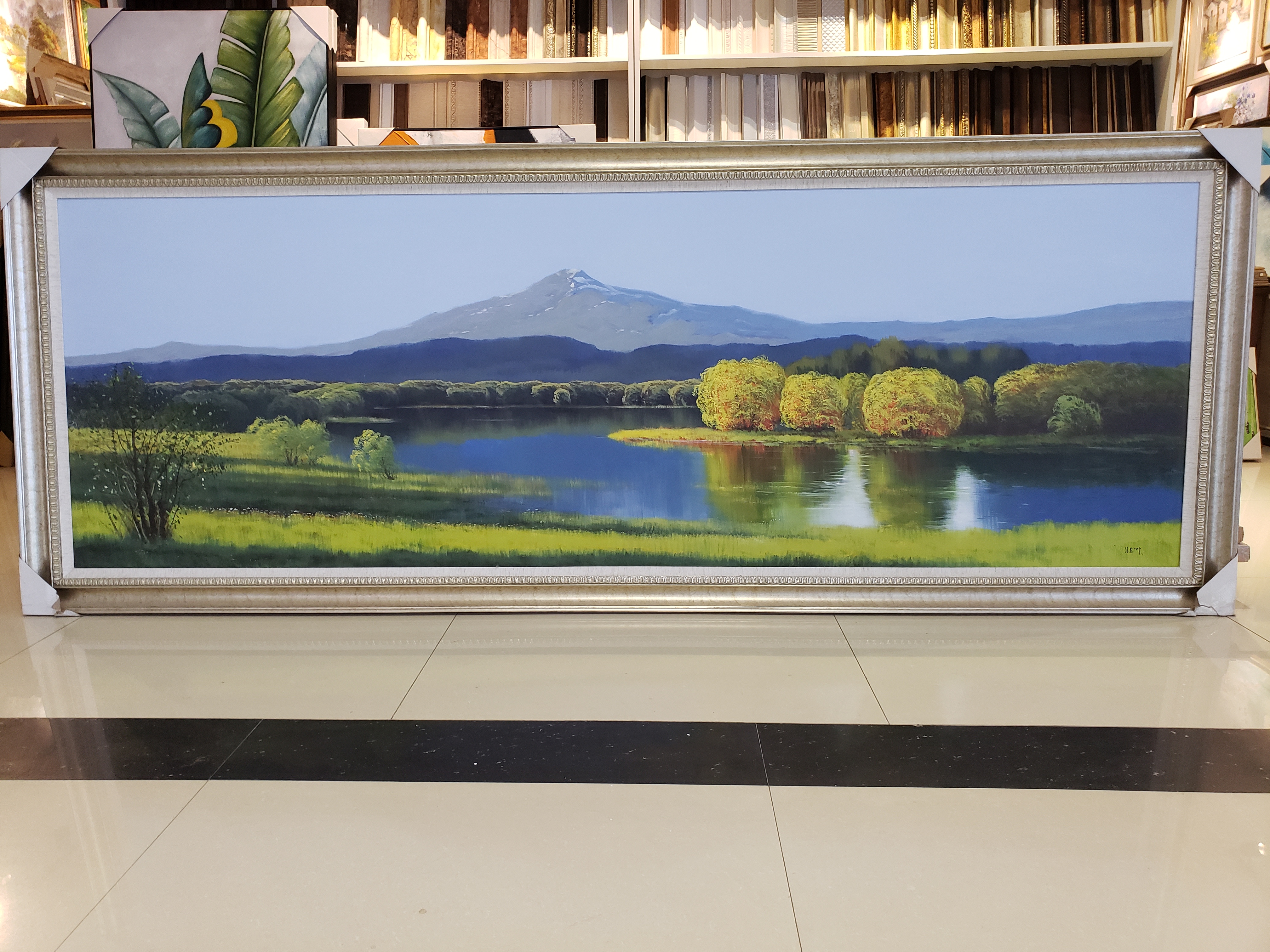 纯手绘油画风景油画沙发背景装饰画带框尺寸约98*255cm