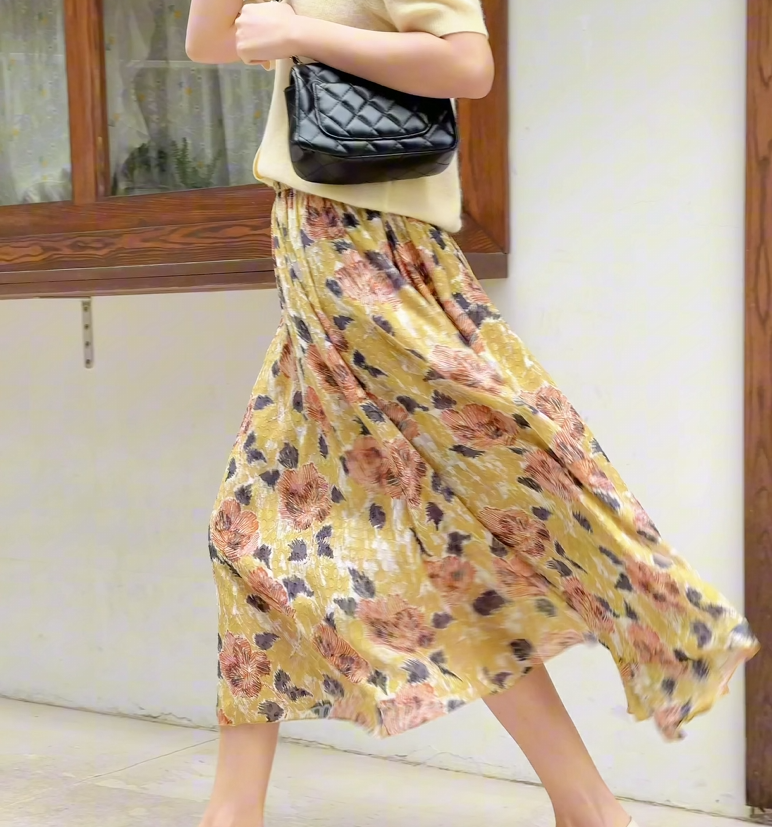双层真丝半身裙显瘦立体裙子夏季透气长裙女士a字蚕丝中长款
