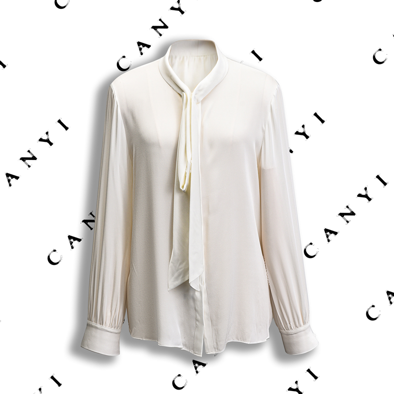 【璨衣】简约时尚知性优雅风桑蚕丝飘带领衬衣衬衫白衬衫3008
