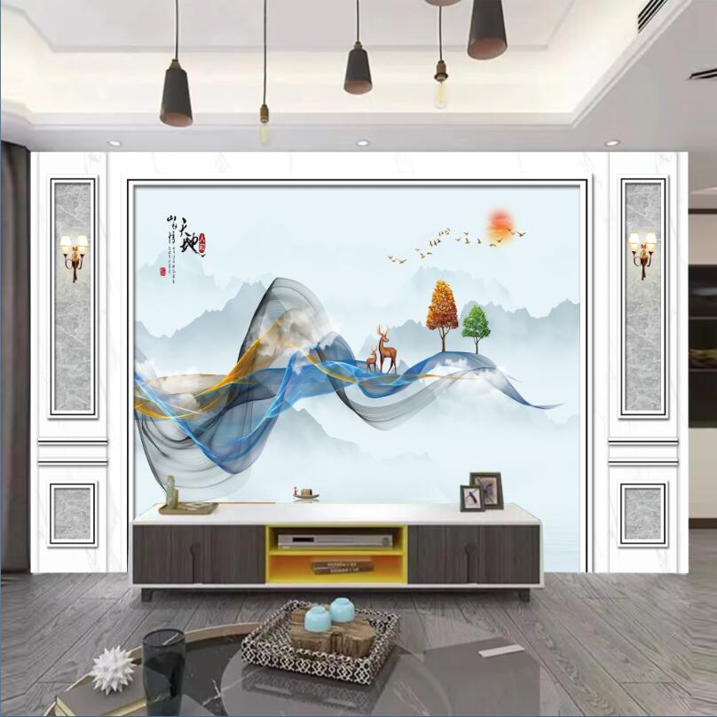 新现代简约欧式水墨画布料3D 9D 18D无缝立体背景墙壁画