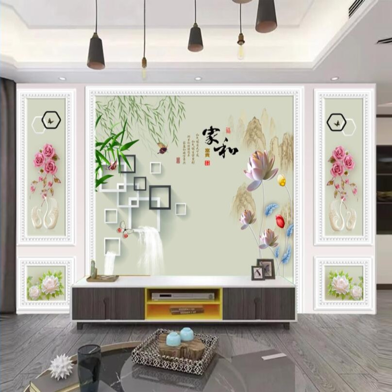 家和富贵荷花天鹅布料3D 9D 18D无缝立体背景墙壁画