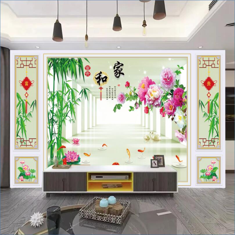 家和富贵牡丹花布料3D 9D 18D无缝立体背景墙壁画