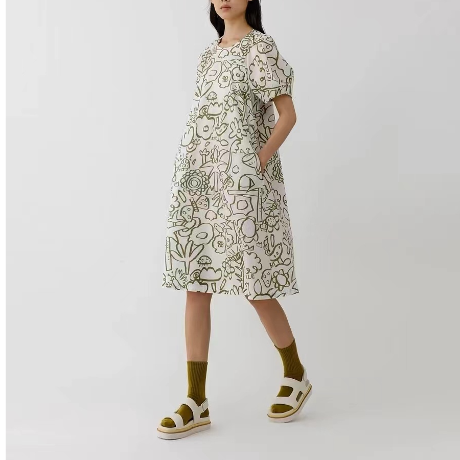 『朱小姐』“度假感”抗皱纯棉印花显白连衣裙 E713