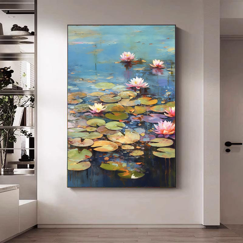 新中式好事连连手绘油画客厅紫色荷花池塘装饰画玄关睡莲肌理挂画