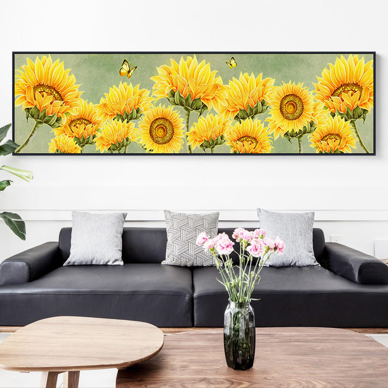 向日葵手绘油画现代卧室床头挂画简约客厅沙发背景墙装饰画横款