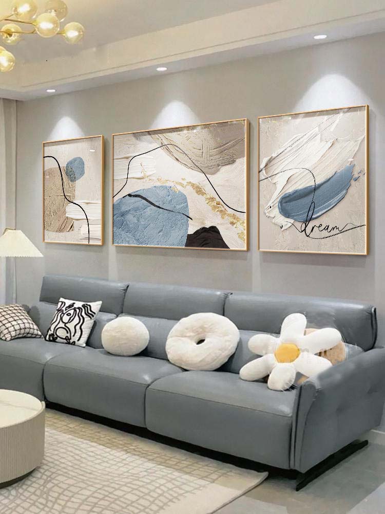 大芬油画村抽象客厅手绘装饰画奶油风三联壁画轻奢沙发背景墙挂画