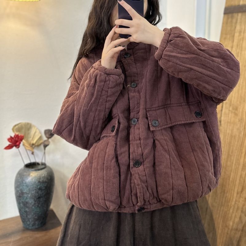 菱形棉服冬季复古砂洗加厚净版立体口袋行线保暖炒色棉衣百搭