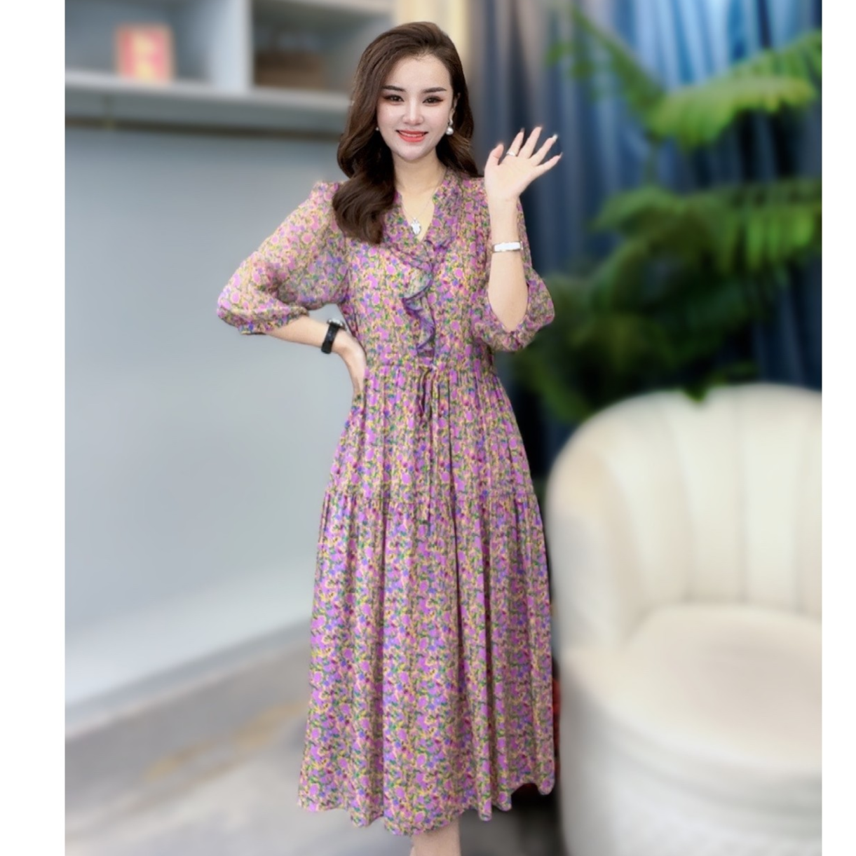 《静静心选》夏季紫色紫气东来花边桃心领抽绳真丝连衣裙 75085