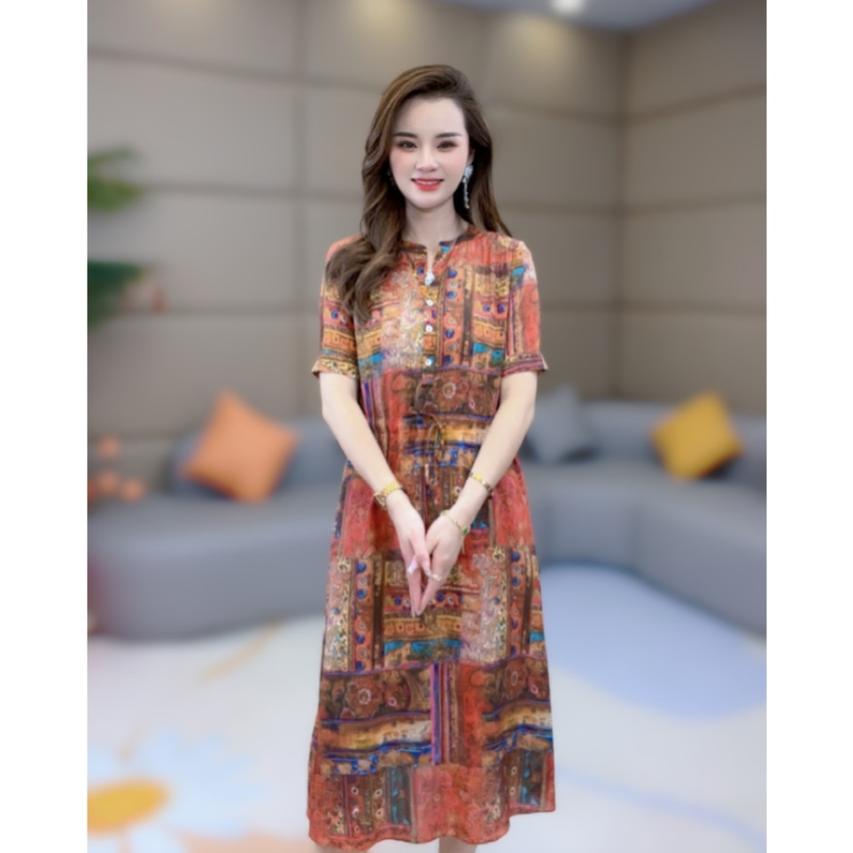 《静静心选》立领系带民族风宫廷格花显瘦真丝连衣裙 73334