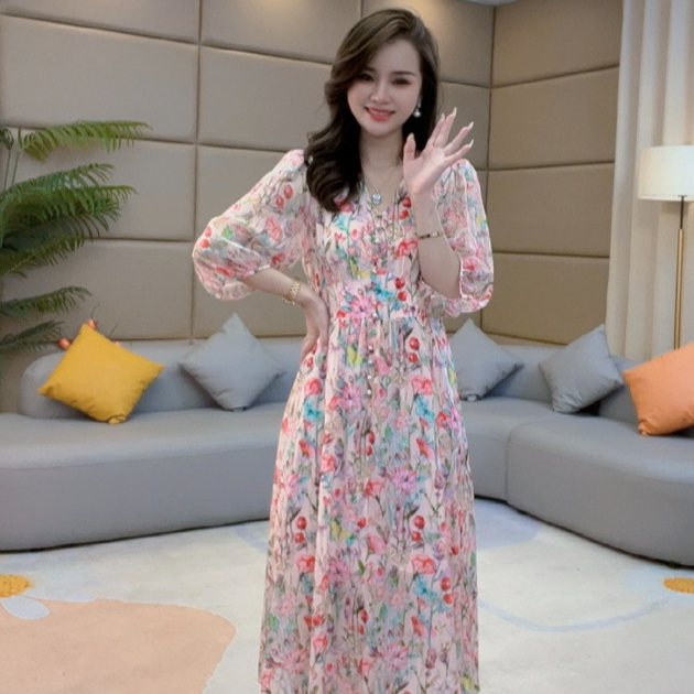 《静静心选》“浪漫”圆点收腰显瘦印花真丝桑蚕丝连衣裙90504