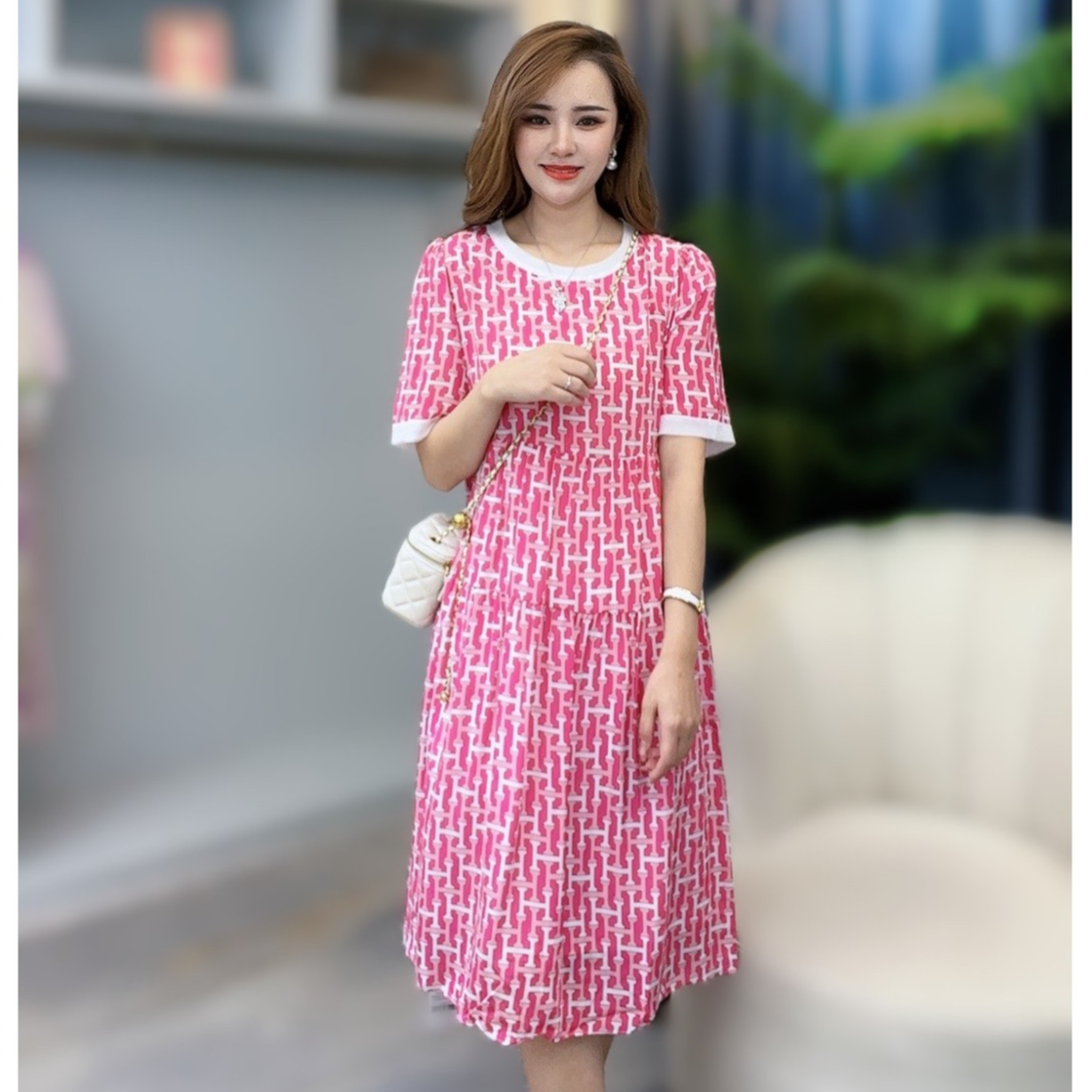 《静静心选》长短款圆领减龄H花粉色印花真丝连衣裙 90006 90005