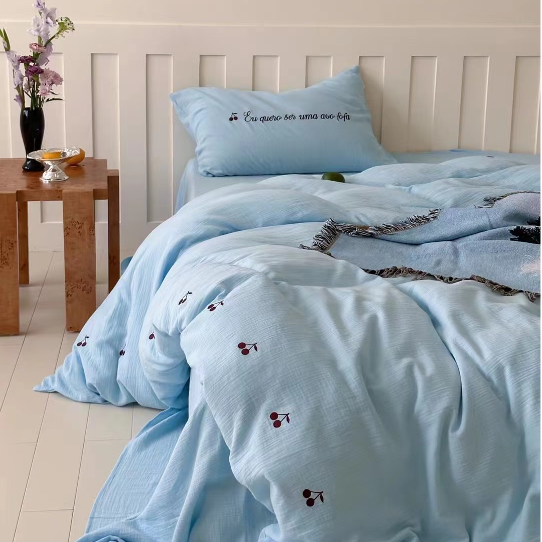 【法甜韩式定制款】少女风ins风韩国皱皱纱全棉四件套柔软刺绣