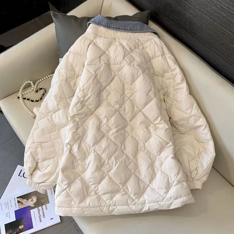 2023年新款牛仔拼接加厚棉服女冬设计感小众外套假两件菱格棉衣潮