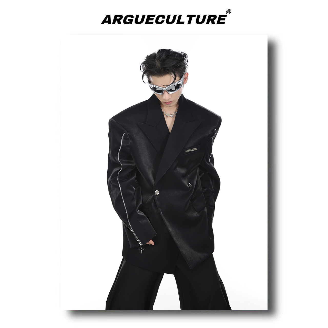 CulturE小众解构液态流光垫肩廓形西服外套金属拉链设计感西装男