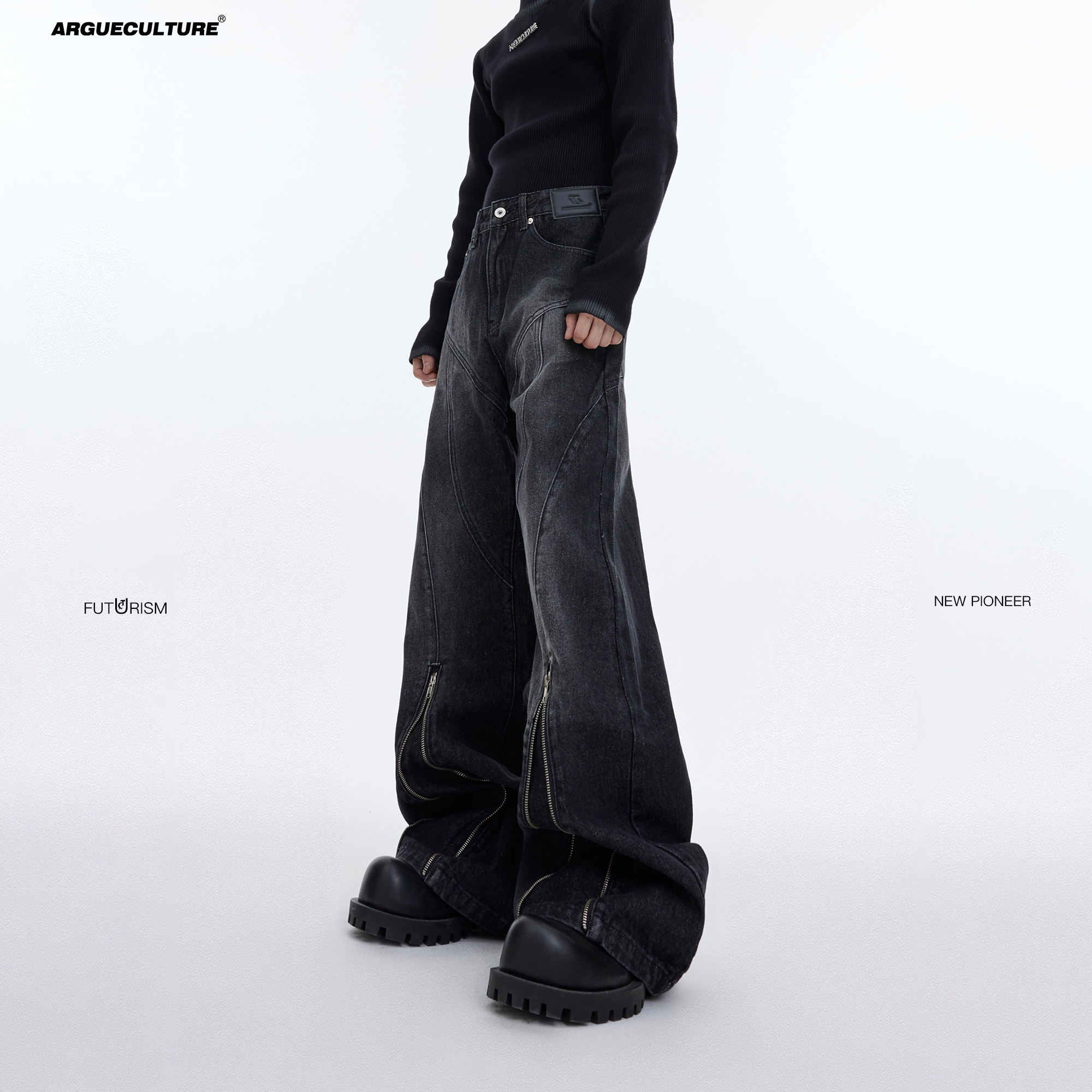 CulturE重磅小众水洗做旧结构线条微喇叭牛仔裤金属拉链设计长裤