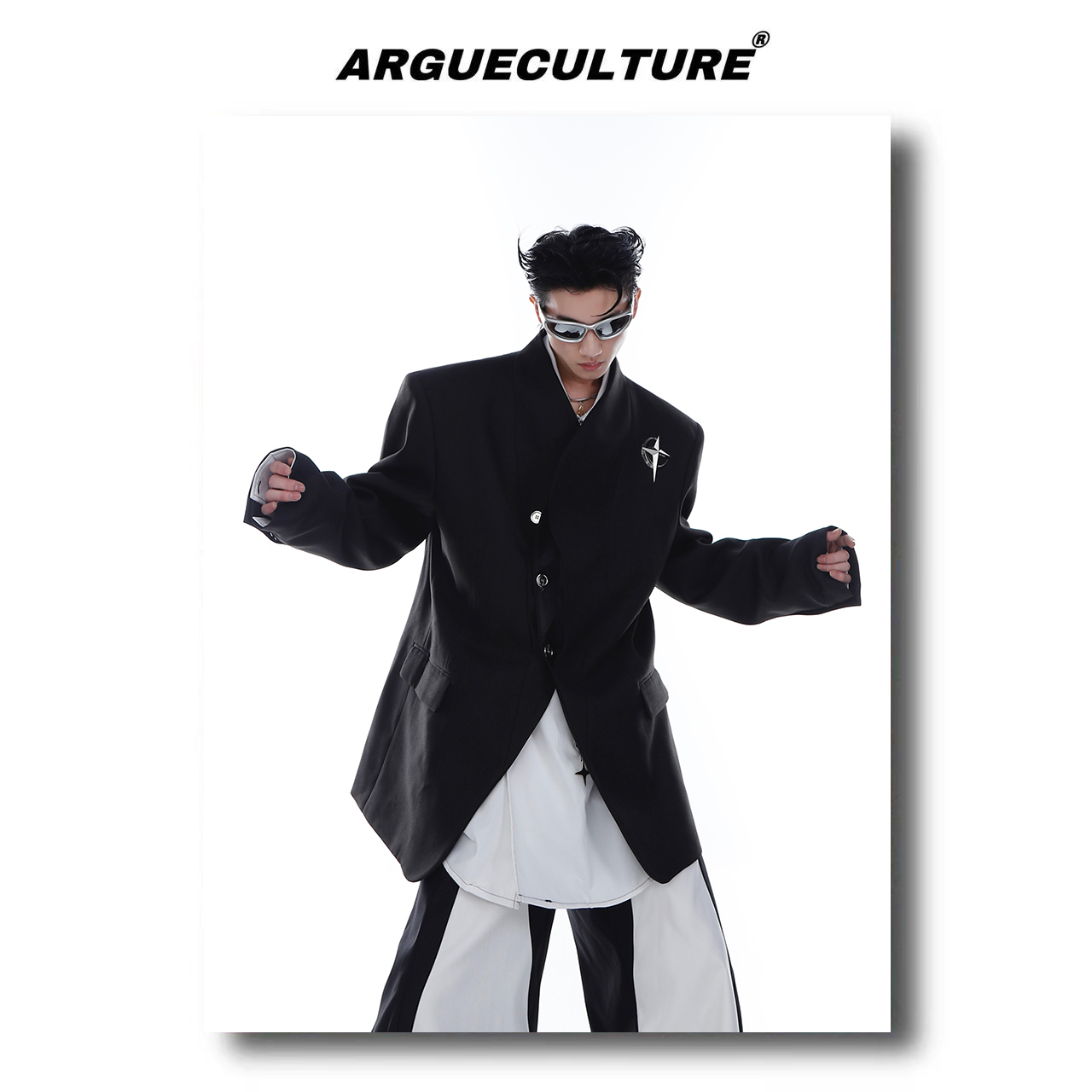 CulturE23s小众金属拼接设计感垫肩西服外套无领宽松西装高级上衣