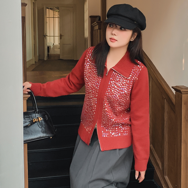 【涵胖胖】大码女装翻领绣珠片针织开衫胖mm2025秋休闲外套22762【B】