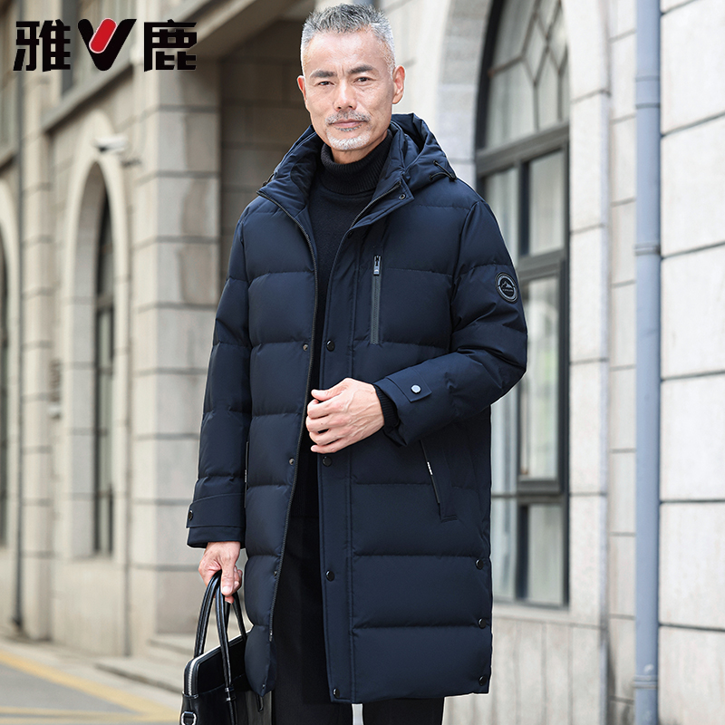 雅鹿爸爸羽绒服男长款过膝加厚中年男士冬装中老年休闲保暖外套