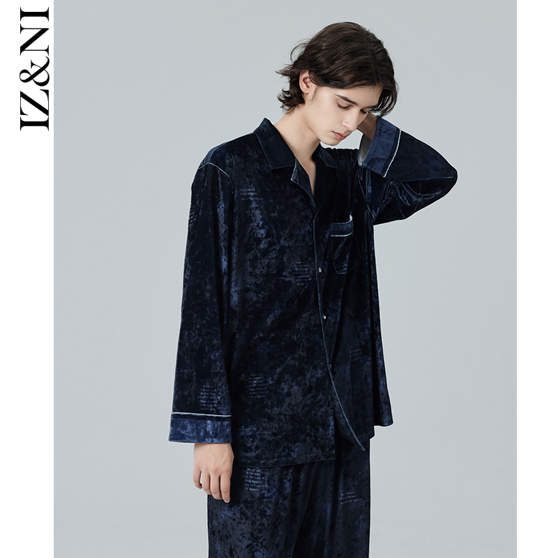 IIZZINI 睡衣男秋冬长袖金丝绒字母印花潮流奢华家居服套装