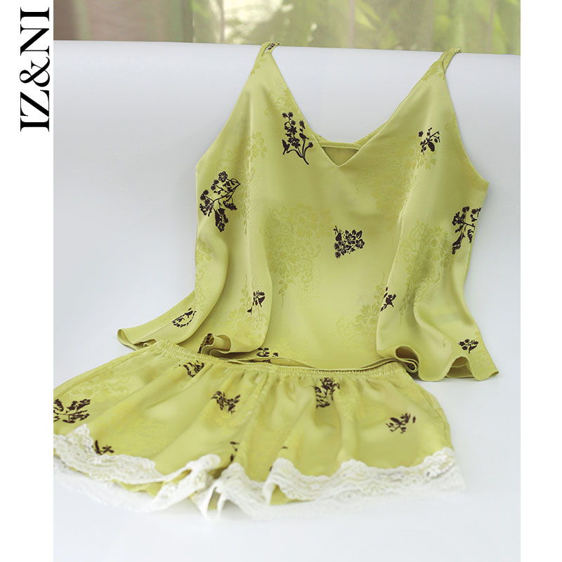 IIZZINI吊带睡衣女夏天薄款冰丝国风迷迭香花短裤可外穿服套装