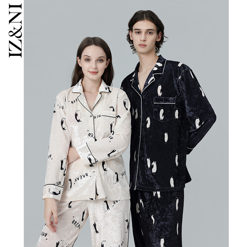 IIZZINI 情侣睡衣女秋冬长袖金丝绒企鹅印花潮流男家居服套装