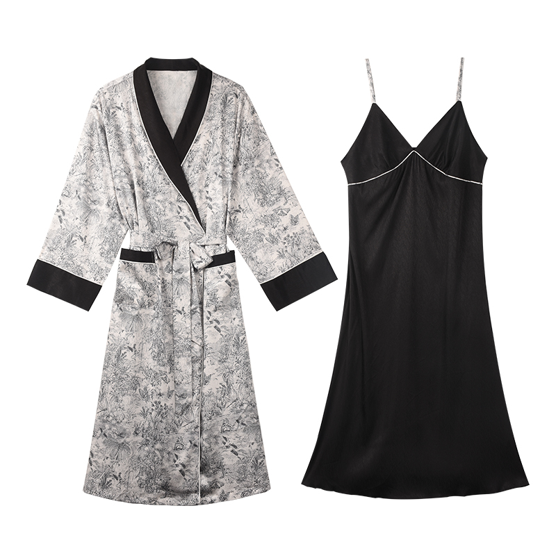 IIZZINI 睡袍女春秋长袖冰丝国风复古印花可外穿场景浴袍晨袍蝶林