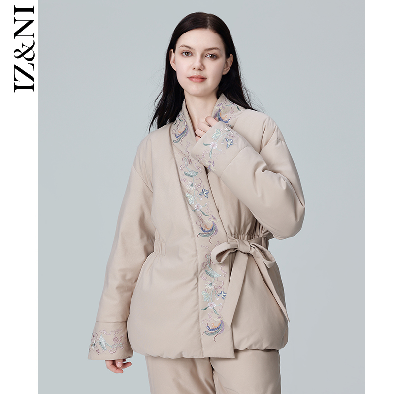IIZZINI原创 睡衣女冬中国风长袖保暖国风刺绣系带羽绒服套装