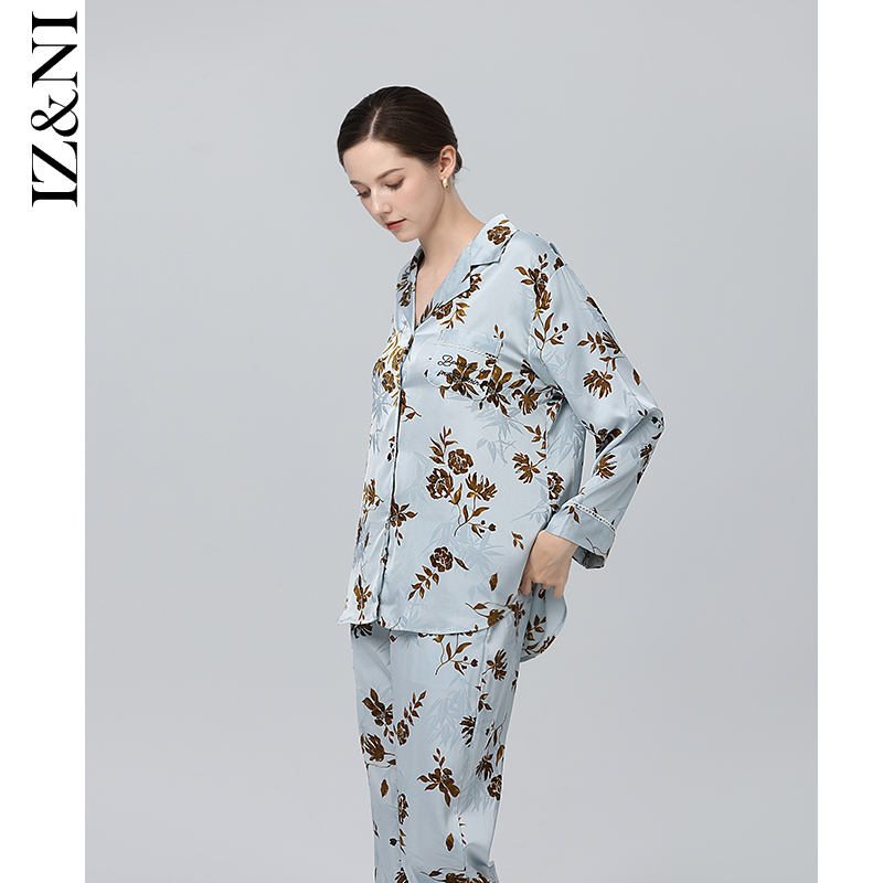 IIZZINI 睡衣女春秋长袖冰丝国风山茶花长裤奢华可外穿家居服套装